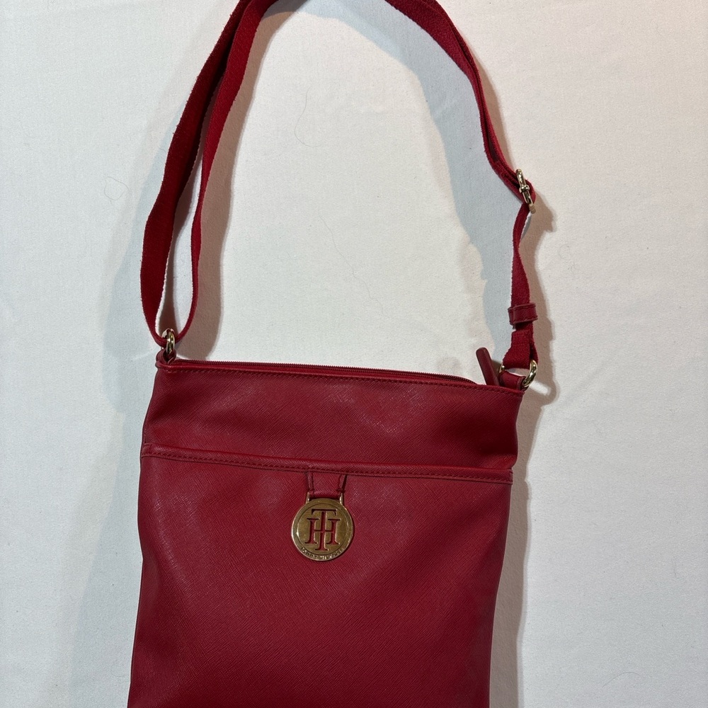 Tommy Hilfiger Red Leather Crossbody Bag Red Canvas Adj Strap - Picture 2 of 13